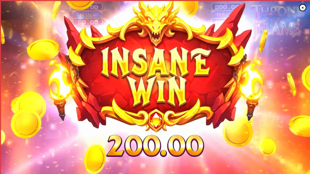 Tampilan visual slot Throne of Flame dengan naga dan harta karun