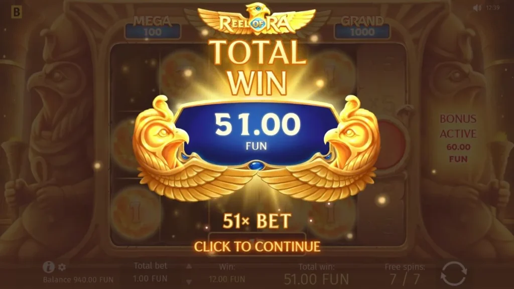Tampilan visual slot Reel of Ra dengan latar belakang oasis Mesir dan simbol emas.
