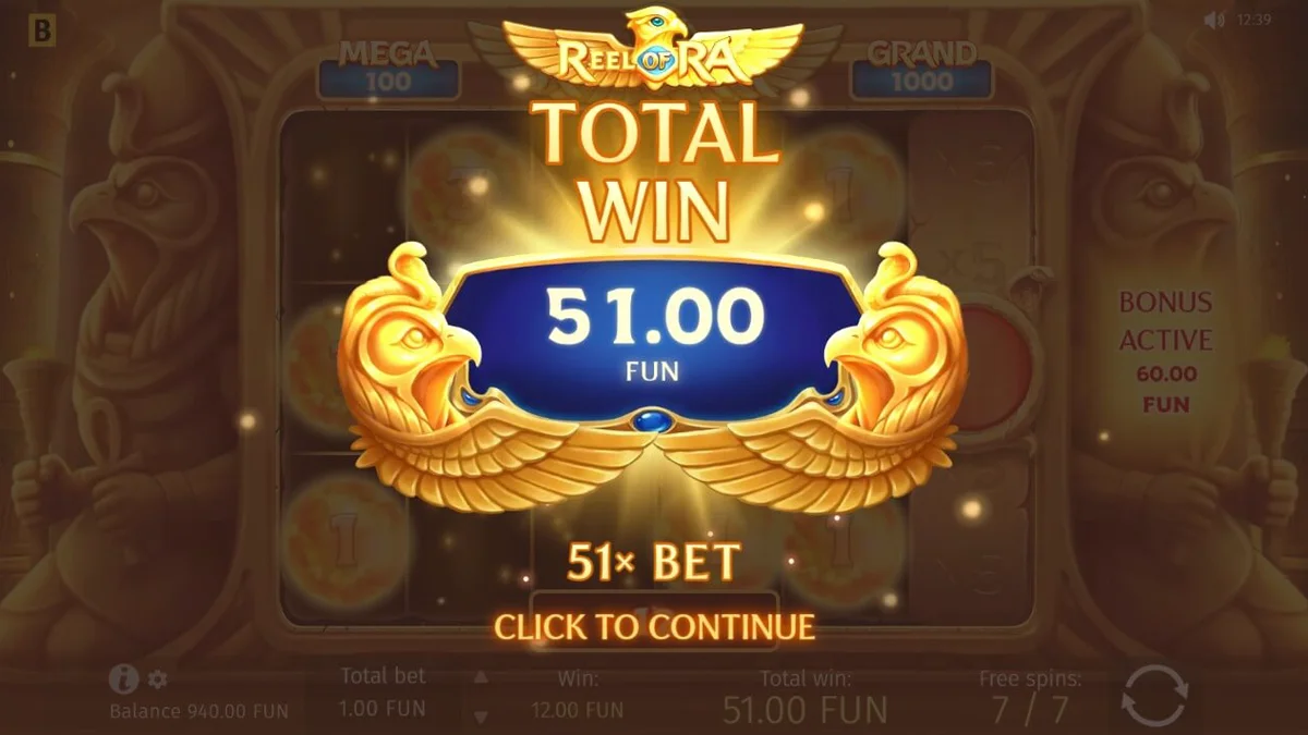 Tampilan visual slot Reel of Ra dengan latar belakang oasis Mesir dan simbol emas.